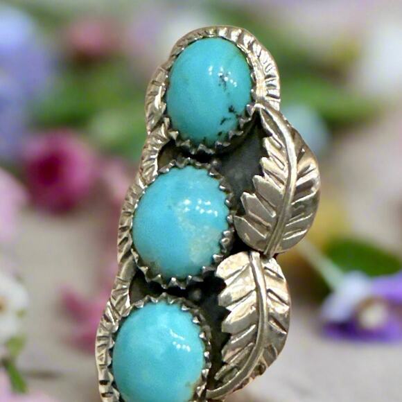 Three Stone Turquoise Sterling Silver Ring Size 9 - Picture 1 of 7